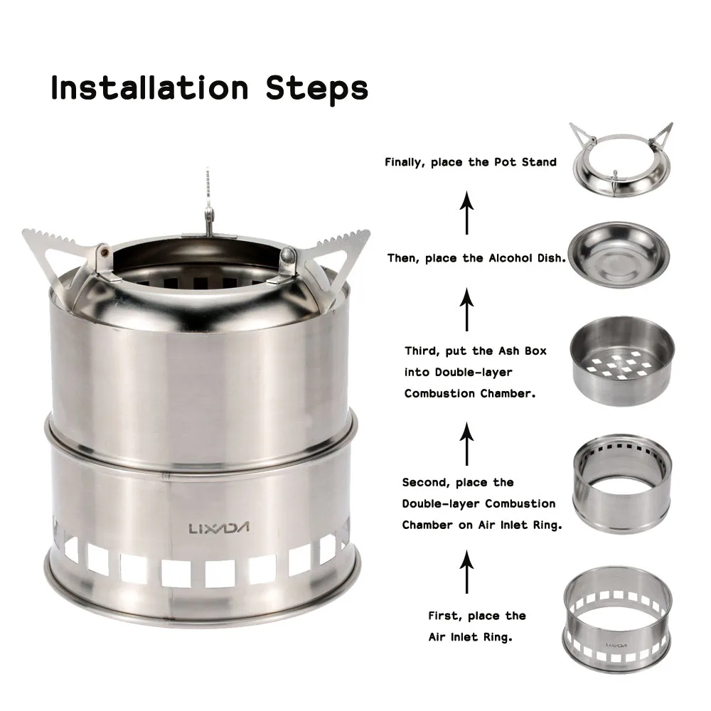 Lixada портативная легкая дровяная плита из нержавеющей стали, спиртовая плита, горелка для приготовления пищи, пикника, барбекю, кемпинга