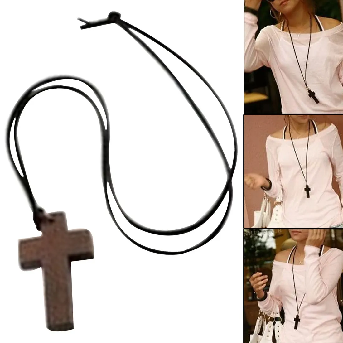 

Fashion Wood Cross pendant Necklace with Long Sweater leather Chain Necklace Wooden Made Cross Pendant for unisex trendy jewel
