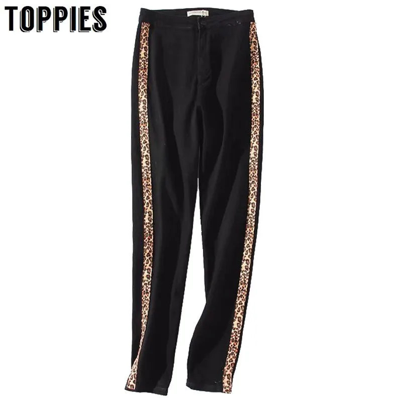 

2019 Spring Summer Black Skinny Jeans Side Leopard Print Spliced Denim Pants High Stretch Pencil Jeans