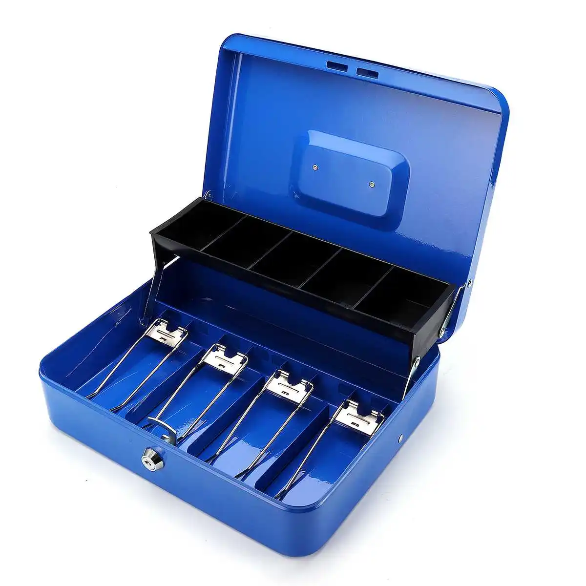 Синий черный портативный кассовый ящик с ящиком запираемый металлический Копилка Монета Наличные Копилка домашний магазин с замком ключ