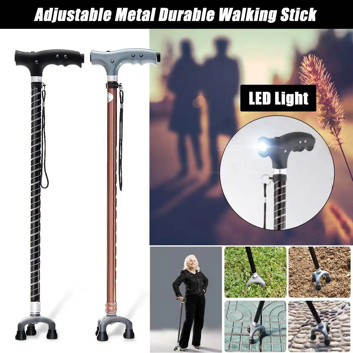

Ultralight Aluminium Adjustable Walking Tripod Stick Cane Folding+ LED Light Strap Handle Black Metal For Old Man Trekking