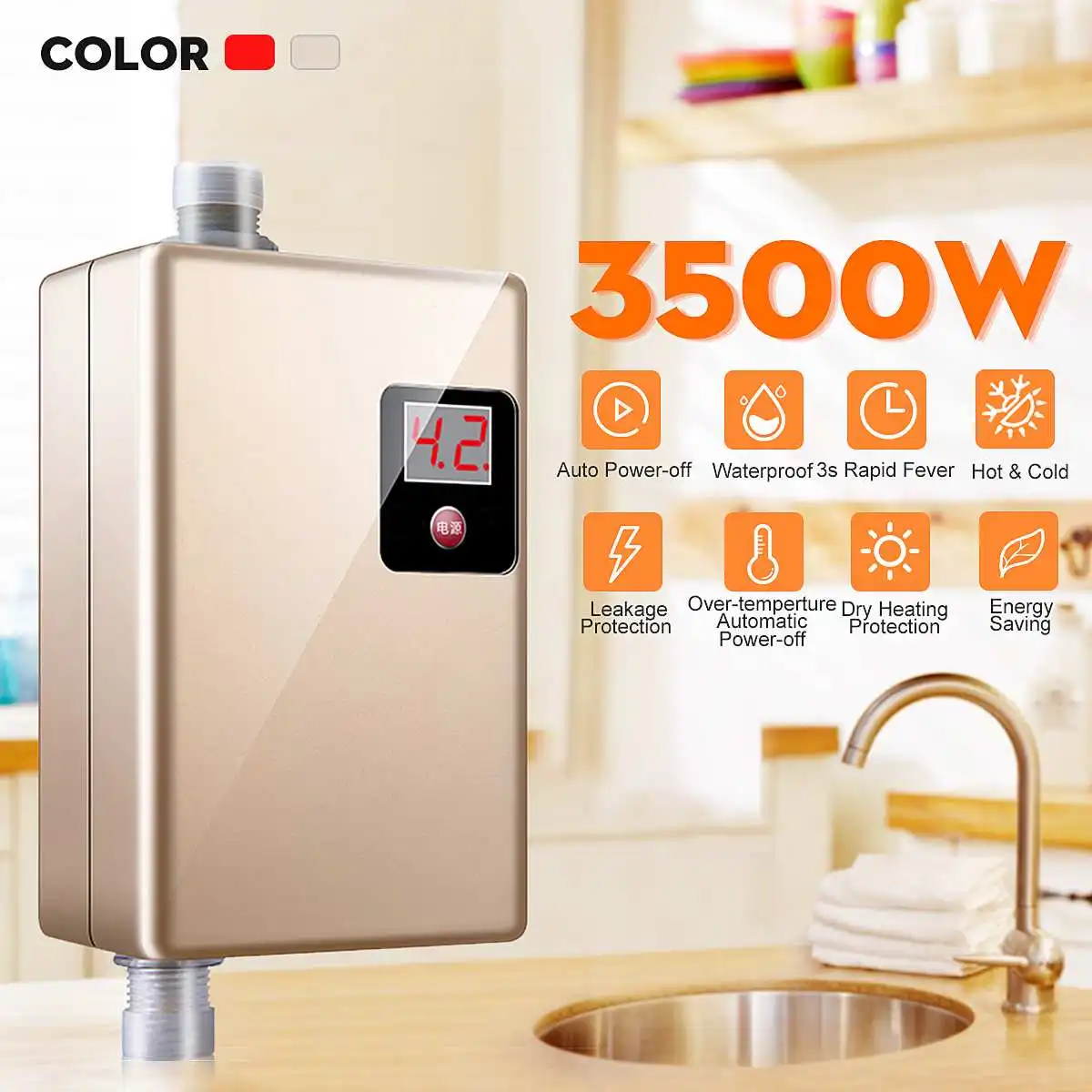 

Fast Hot 220V 3500W Mini Electric Tankless Instant Hot Water Heater Kitchen Faucet Tap Heating Instantaneous Waterproof Shower