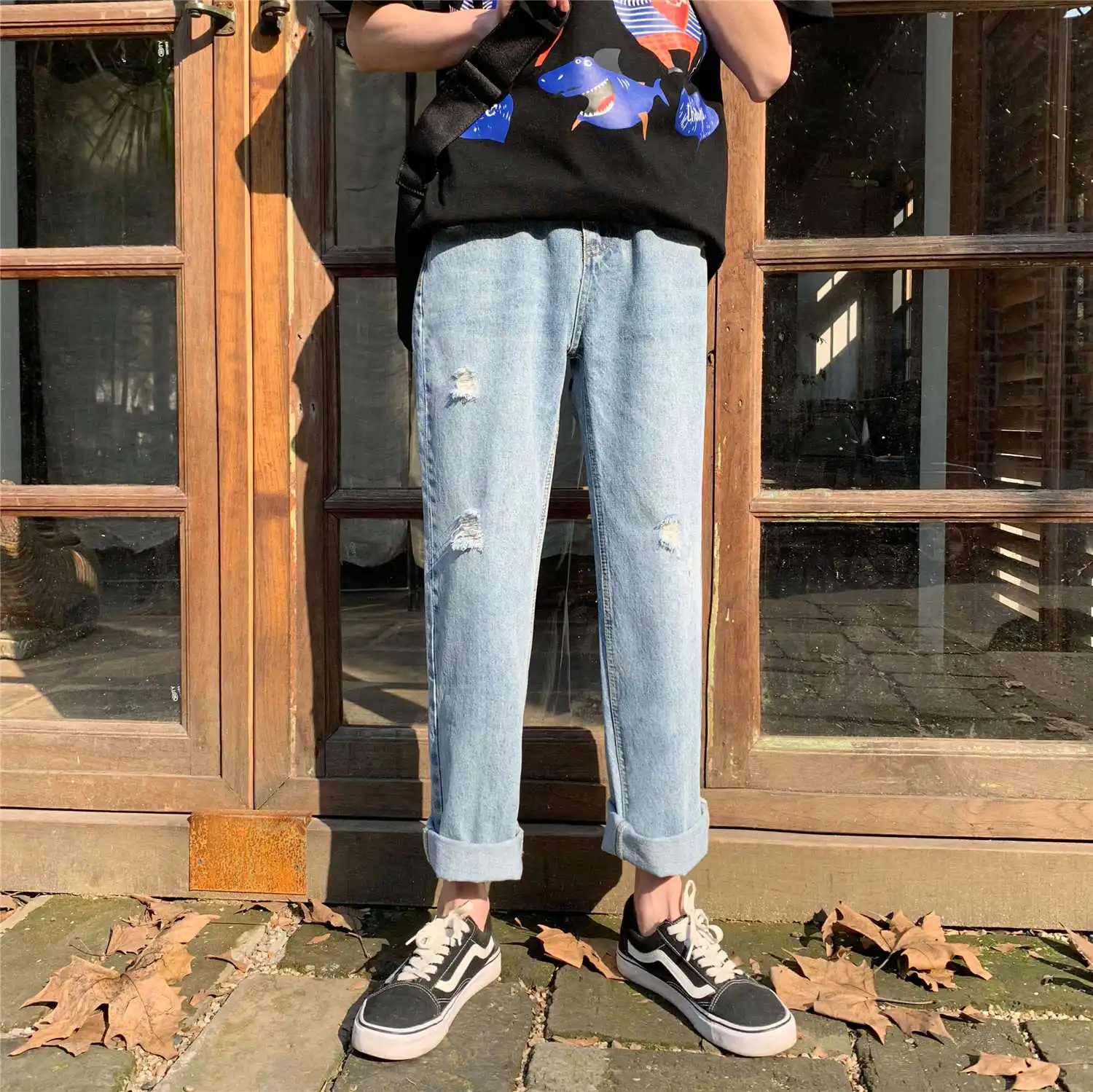 

2019 Spring And Summer New Pattern The Wind In Hong Kong Man Holes Jeans Easy Directly Canister Nine Part Pants C316 K919 P68