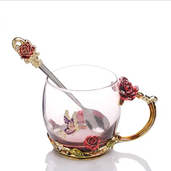 

Hot Sale Beauty And Novelty Enamel Coffee Cup Mug Flower Tea Glass Cups For Hot And Cold Drinks Tea Cup Spoon Set Perfect Wedd