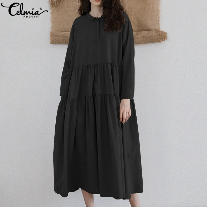 

Celmia 2019 Autumn Women Vintage Pleated Shirt Dress Casual Loose Long Sleeve Button Ruffles Mid-calf Dresses Vestidos Plus Size