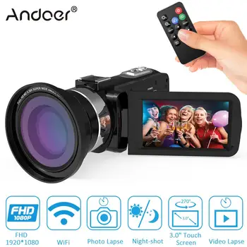 

Andoer 1080P HD WiFi Digital Video Camera Camcorder DV + 0.39X Wide Angle Lens 16X Zoom 3.0" LCD Touchscreen IR Night Vision