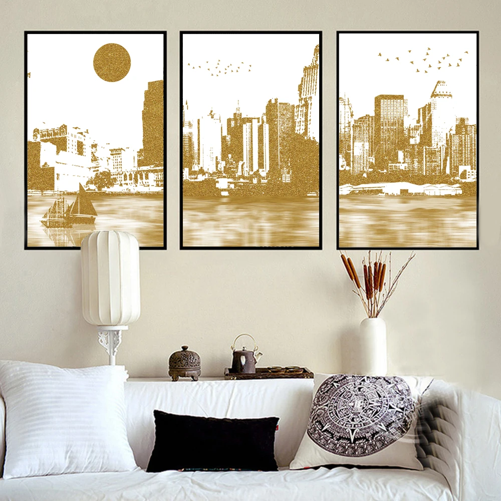 

AAHH Posters and Prints Art Painting 3PS Golden Building Pictures Printing on Canvas for Living Room or Bedroom No Framed