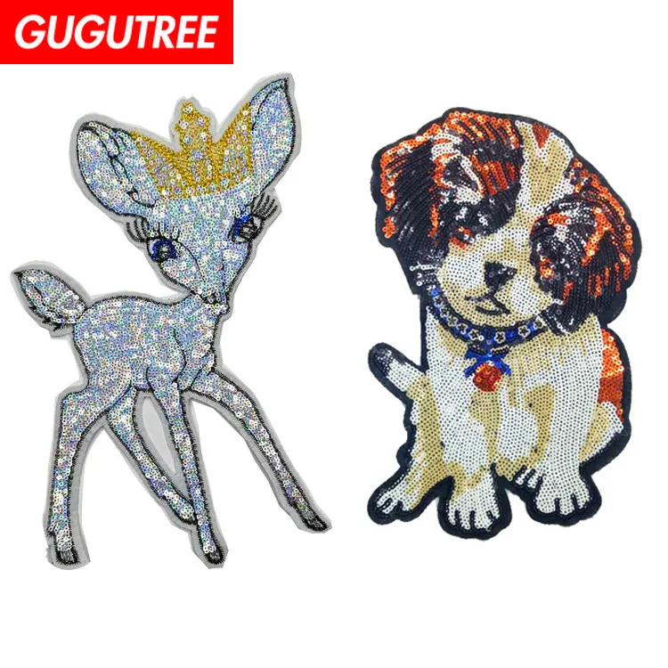 

GUGUTREE embroidery Sequins big deer patches dogs patches badges applique patches for clothing ZM-71
