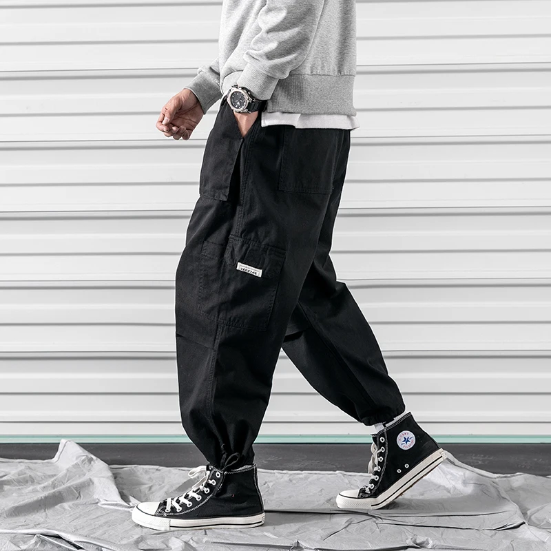 2019 spring new Korean sports casual pants large size Japanese tooling Harlan wide leg casual nine pants male