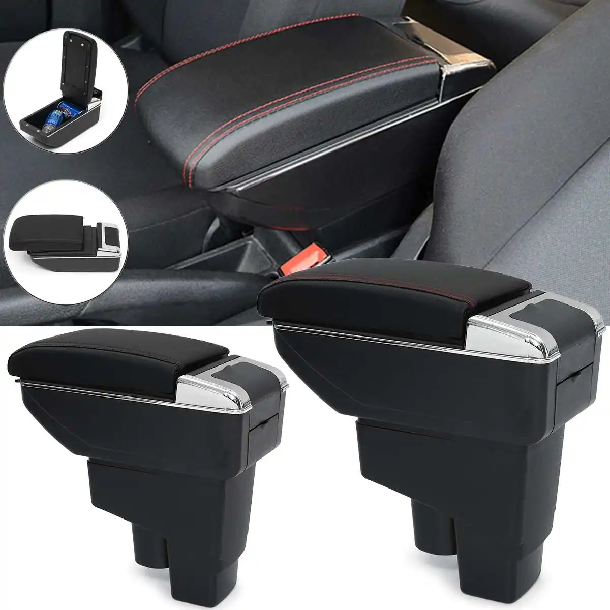 

Black/Red Armrest Center Console Storage Box Leather For Honda Fit Jazz Hatchback 2002 2003 2004 2005 2006 2007 2008
