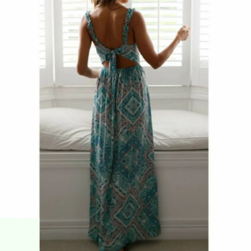 Women Boho Long Maxi Dress Summer Floral Print Bowknot Backless Beach Evening Party Strappy V Floral Sundress
