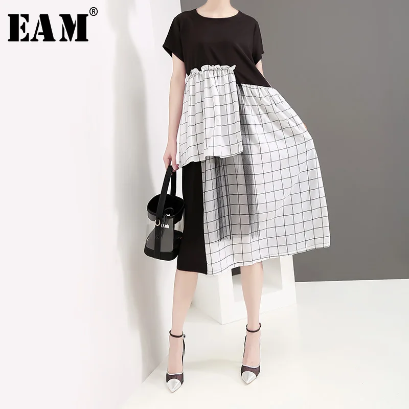 

[EAM] 2019 New Spring Summer Round Neck Short Sleeve Hit Color Plaid Mesh Ruffles Loose Temperament Dress Women Fashion JT104
