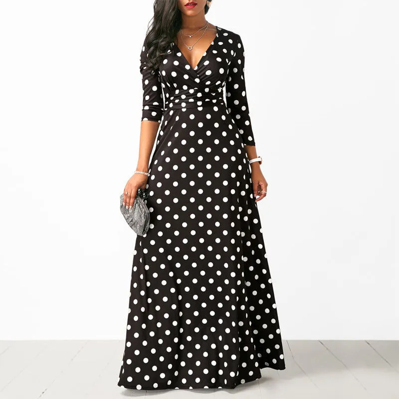 

Women Elegent A-line Dress 2018 Vintage printing party vestidos Long Sleeve women Autumn polka dot Dress