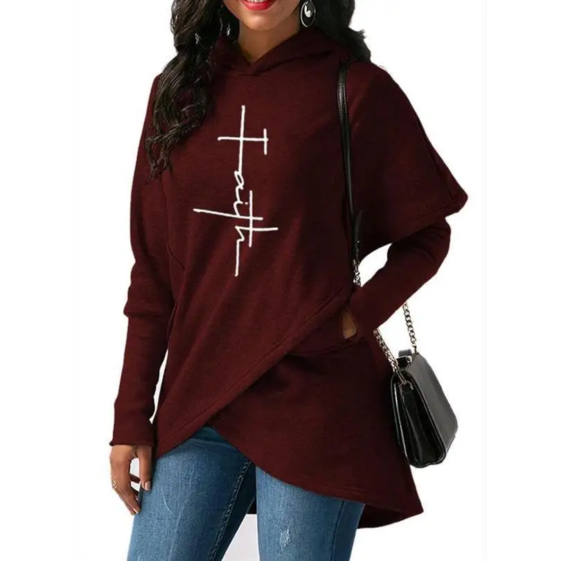 For Women Faith Letters Print Split Tops Sweatshirt Femmes Sweatshirts Hoodies Female Cute Cotton Hoody And For Women Plus