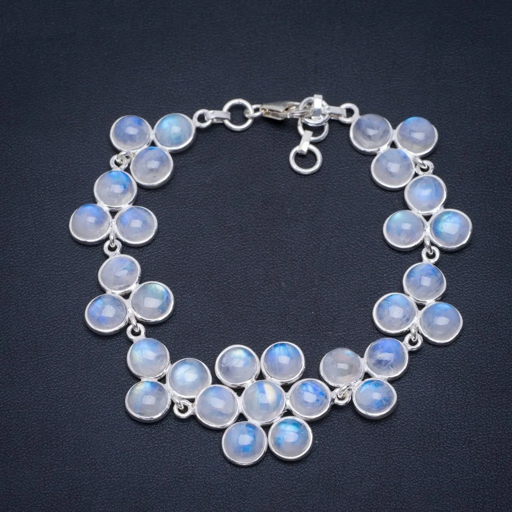 

Natural Rainbow Moonstone Handmade Unique 925 Sterling Silver Bracelet 7.25-8.5" A2884
