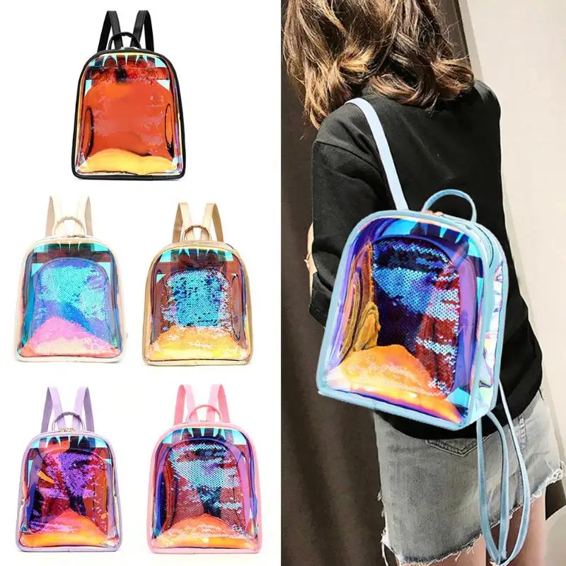 

2pcs/set PVC Transparent Women Backpacks Clear Jelly Color Sequins Inner Bag Fashion Teenage Girls Student School Shoulder Bags