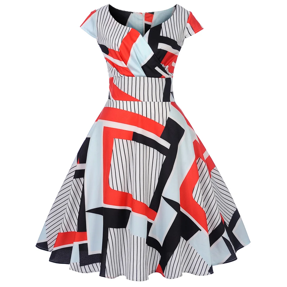 

New Summer Women Vintage Dress Geometric Print Short Sleeve A-Line Party Dresses Women's Swing Pin Up Vestidos Rockabilly