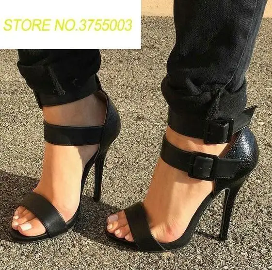 

Black Leather Buckles Women Open Toe Sandals Summer Hot Ladies Cut Out Style High Heels Fashion Party Stiletto Dress Shoes