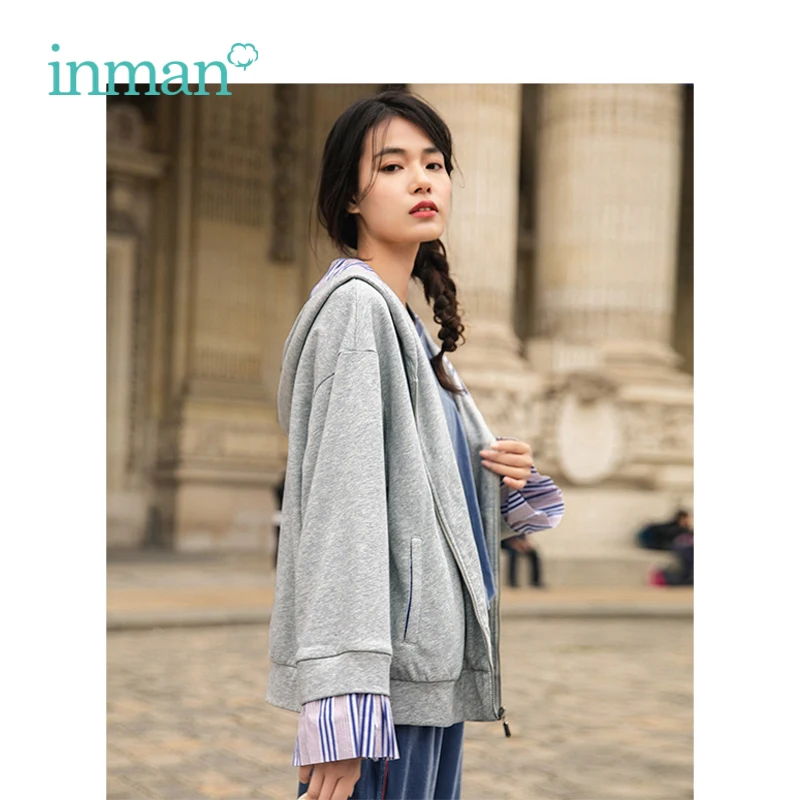 

INMAN 2019 Spring New Arrival Striped Hooded Loose Casual All Matched Slim Fake Two Pieces Long Sleeves Short Women Coat