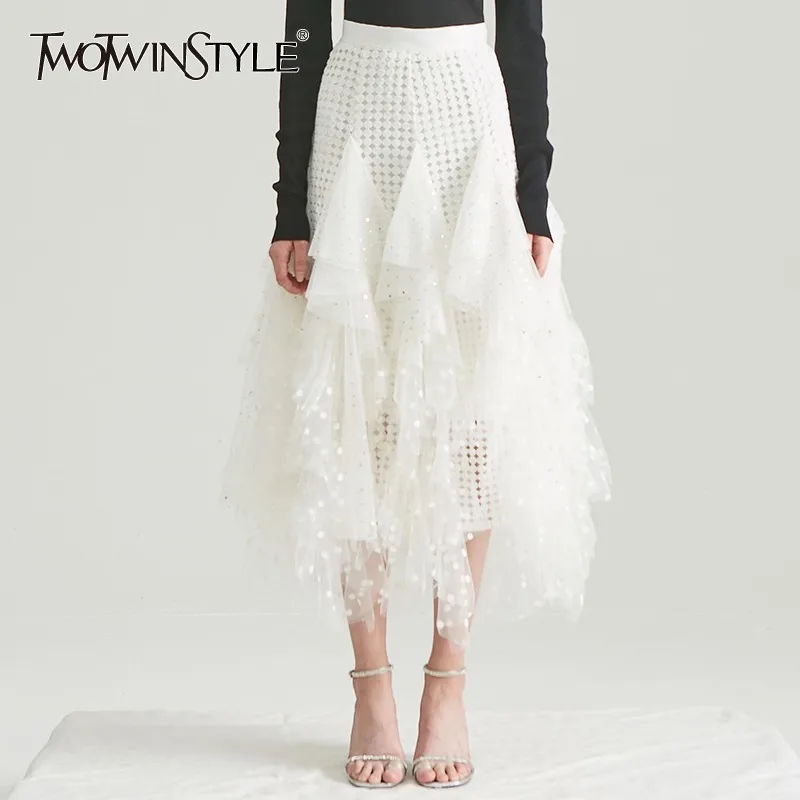 TWOTWINSTYLE Aushöhlen Polka Dot Frauen Rock Hohe Taille Mesh Unregelmäßige Mitte Röcke Weibliche Casual Koreanische 2019 Frühling Mode Neue