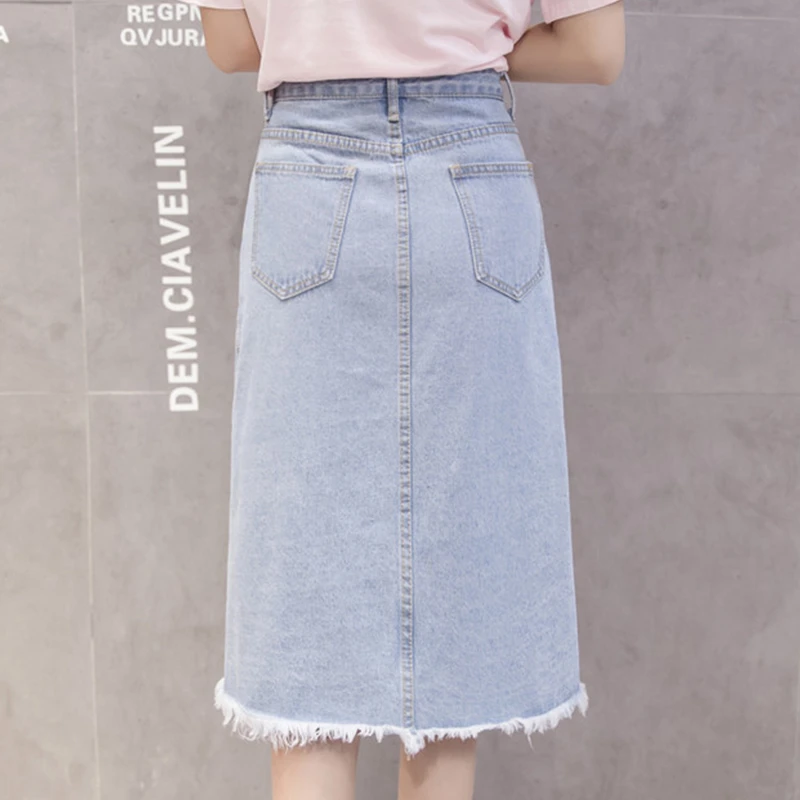 Skup Flectit 2019 guzik przód Midi jeansowa spódniczka dla kobiet dorywczo wysokiej talii Fray Hem z kieszenią kolano długość spódnica jeansowa kobieta *
