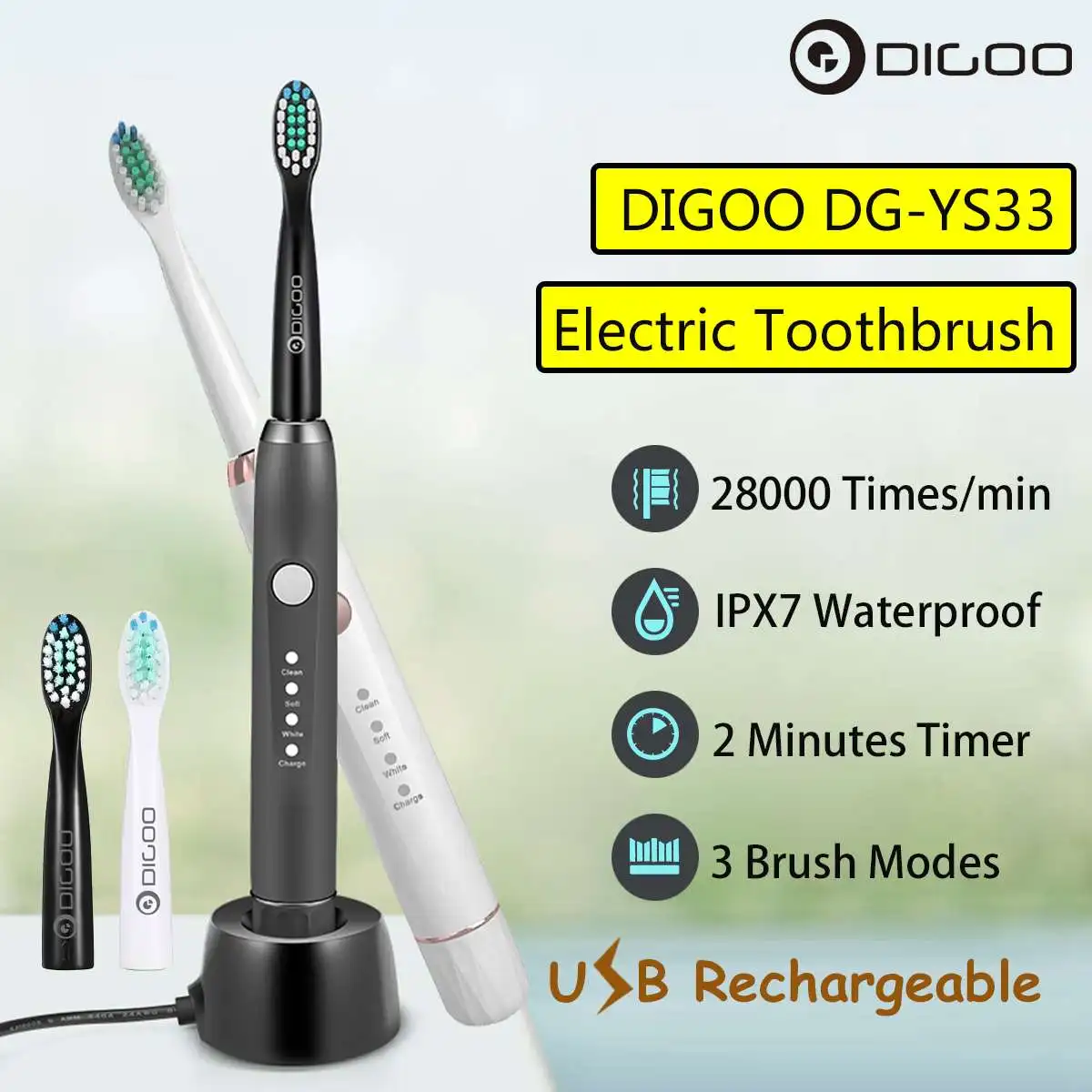 

New Digoo DG-YS33 Electric Toothbrush for Adults USB Rechargeable Teeth Brushes with 3 Replacement Heads Waterproof Toothbrush