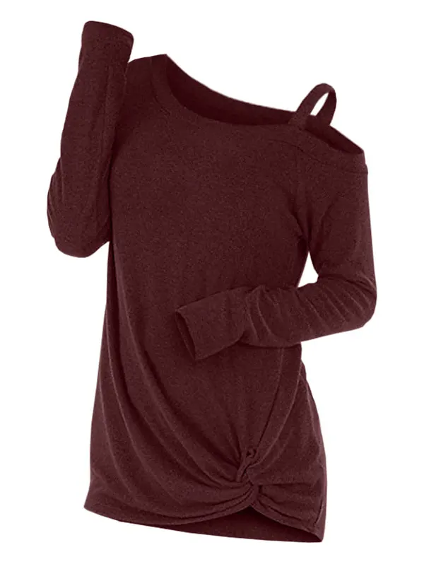 ROSEGAL Knotted Skew Neck Sweater Long Sleeve Cut Out Solid Pullover Fashion Spring Women Clothes One Shoulder Top | Женская одежда