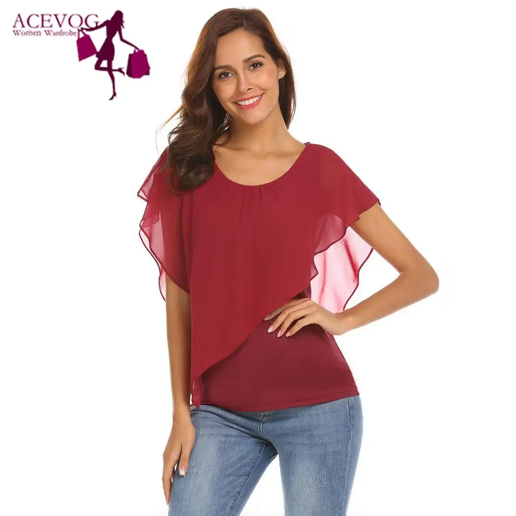 

ACEVOG Women Europe and America Chiffon t shirts summer new arrive U-neck milk silk solid plus size XXL sexy T-shirt 9198