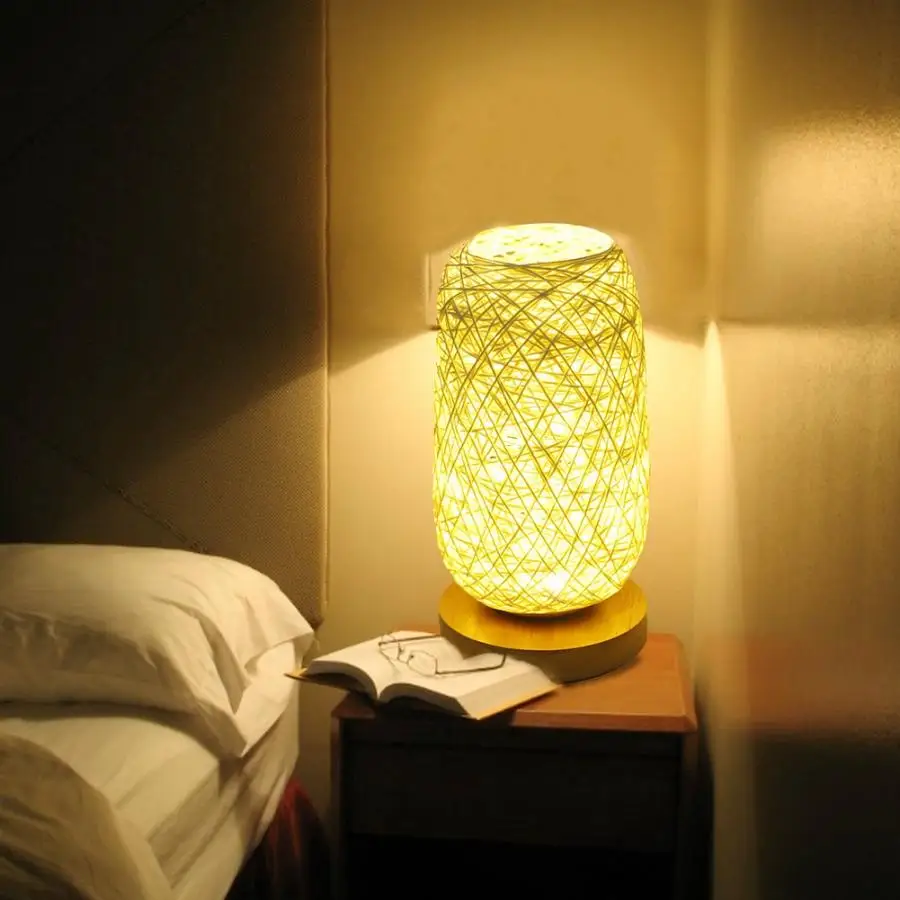 

LED Solid Wood Night Light Table Lamp Twine Rattan Linen Ball Small Table Lamp Desk Lamp