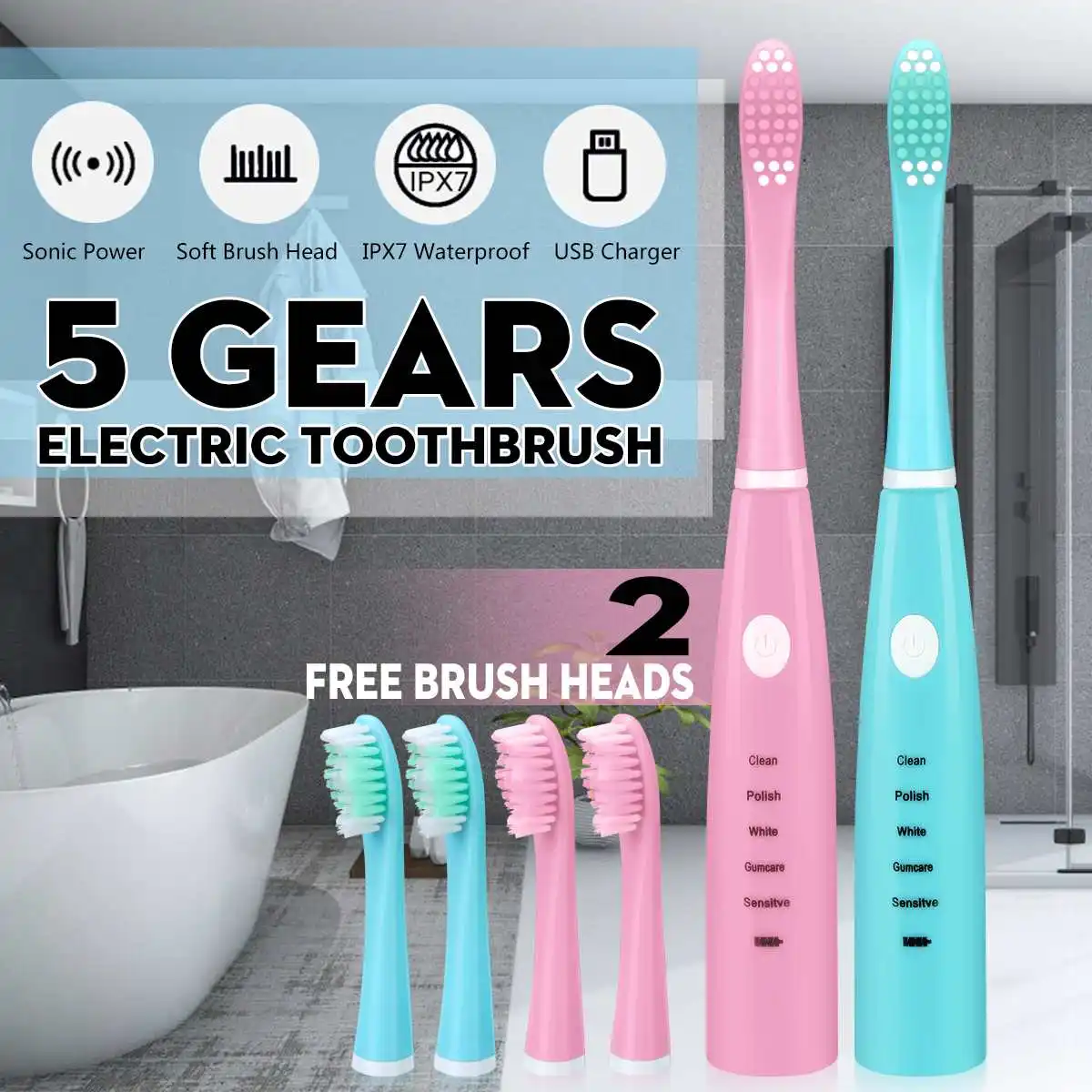 

2019 New Sonics Electric Toothbrush Adult Timer Brush USB Rechargeable Electric Tooth Brushes with 2pcs Replacement Heads