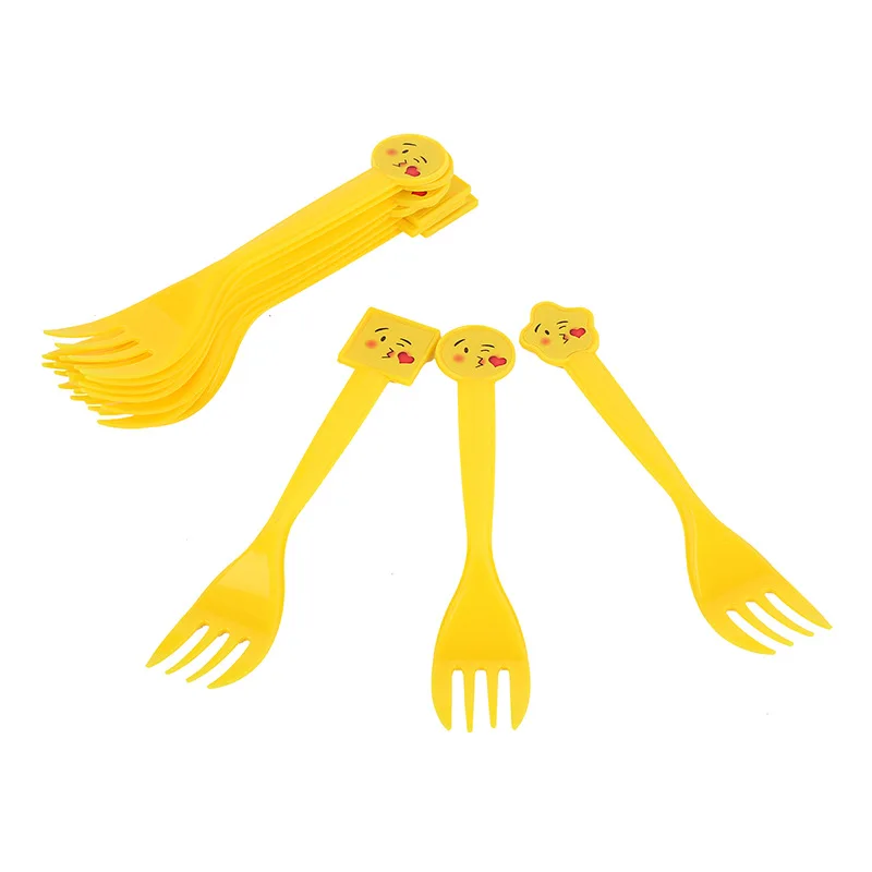 

10Pcs Emoji Theme Cartoon Plastic Yellow Forks Baby Shower Decoration Happy Birthday Party Kids Favors Tableware Events Supplies