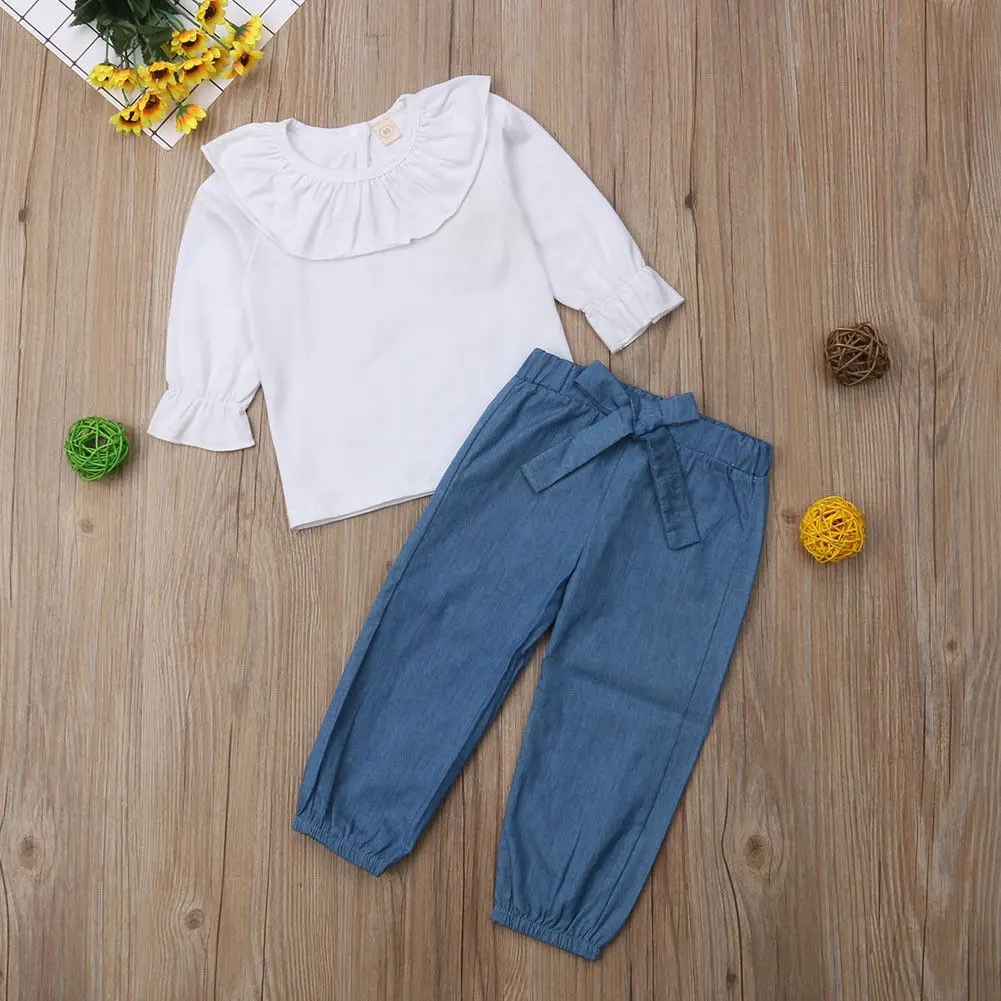 사랑 스럽다 신생아 아기 소녀 옷 세트 화이트 프릴 탑 셔츠 긴 데님 바지 가을 봄 의상 0 3 년의류세트 AliExpress