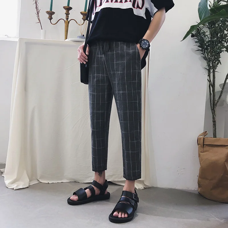 Spring Casual Men's New Nine Pants M-3XL Youth Personality Loose Solid Color Lattice Fashion Slim Temperament Feet Popular