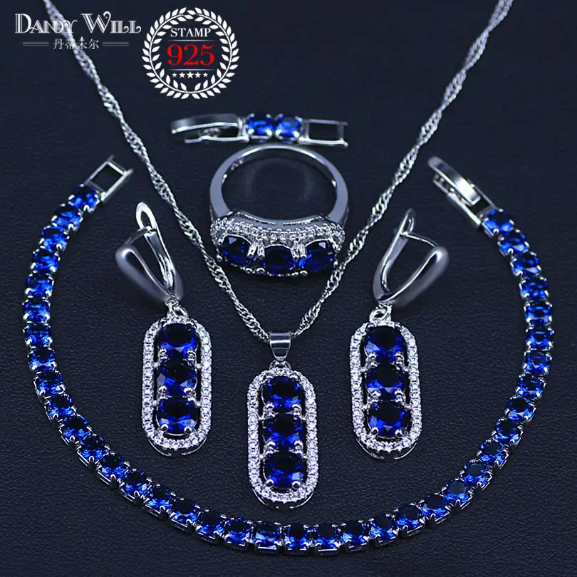 Natural Silver Color Jewelry Blue Cubic Zirconia White Crystal Sets For Women Earrings/Pendant/Necklace/Rings/Bracelet | Украшения и
