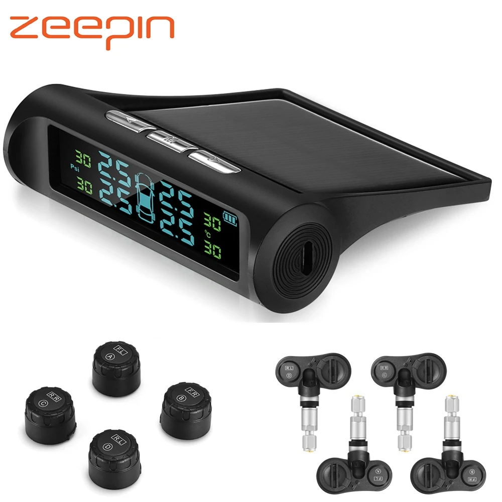

Solar Power USB TPMS Car Tire Pressure Monitoring System LCD Display 4 Internal External Sensors for VW SUV Temperature Warning