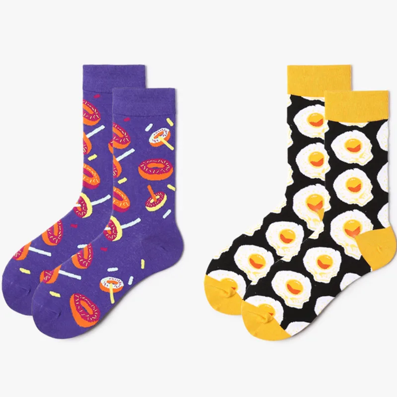 

Men Socks Cartoon Eggs Doughnut Colorful Happy Funny Personality Korea Harajuku Hip Hop Vintage Female Casual Cotton Hosiery