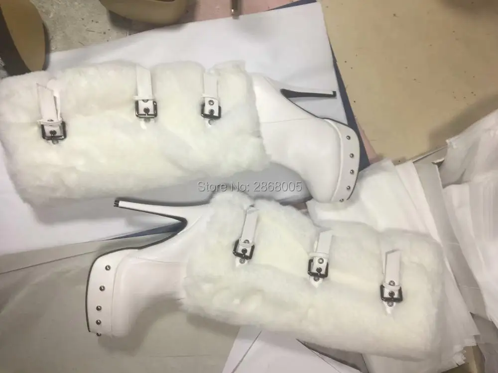

Real Picture White Platform Boots High Heel Knee Boots Fur Warm Snow Boots With Buckle