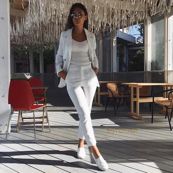 

women's suit sets 2019 Work Pant Suits 2 Piece Sets Double Breasted Striped Blazer Long Sleeve Jacket & Trousers Suit For Women