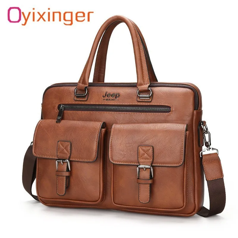 

2019 Fashion Men Bag Briefcases Split Leather Handbag Zipper Mens Business Bag Two Pocket Soft Handle 14" Laptop Briefcases Bags