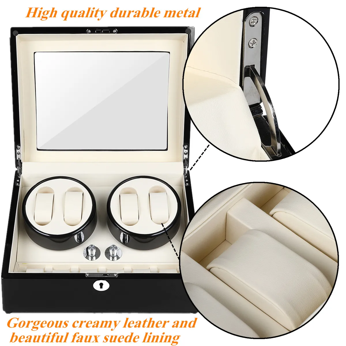 

4+6 Watch Winder Rotator Storage Case PU Leather Automatic Display Box Organizer US Plug Silent Operation Collection Black