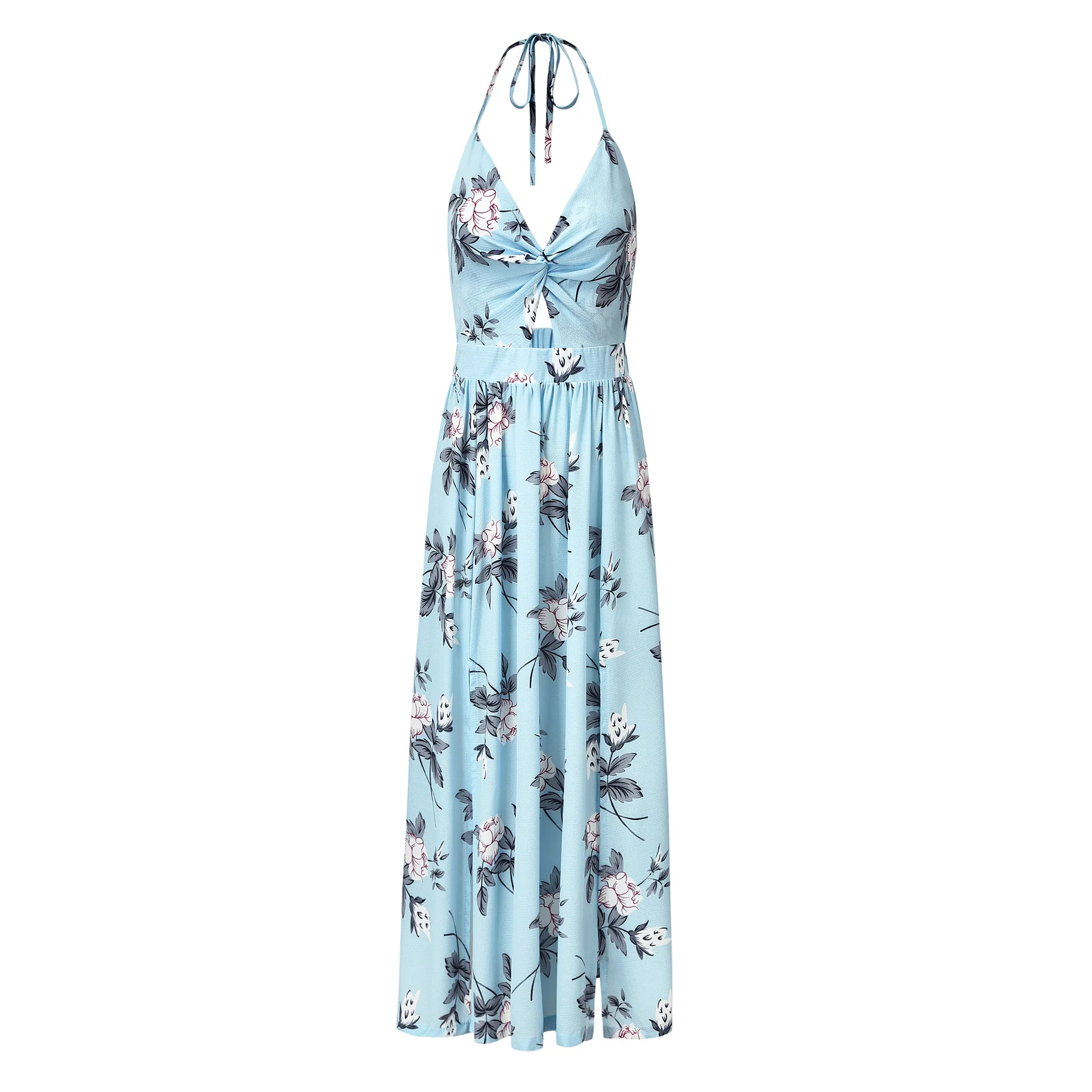 

Explosion models women's sling V-neck chiffon print dress sexy split fork beach hood big swing type high waist dress