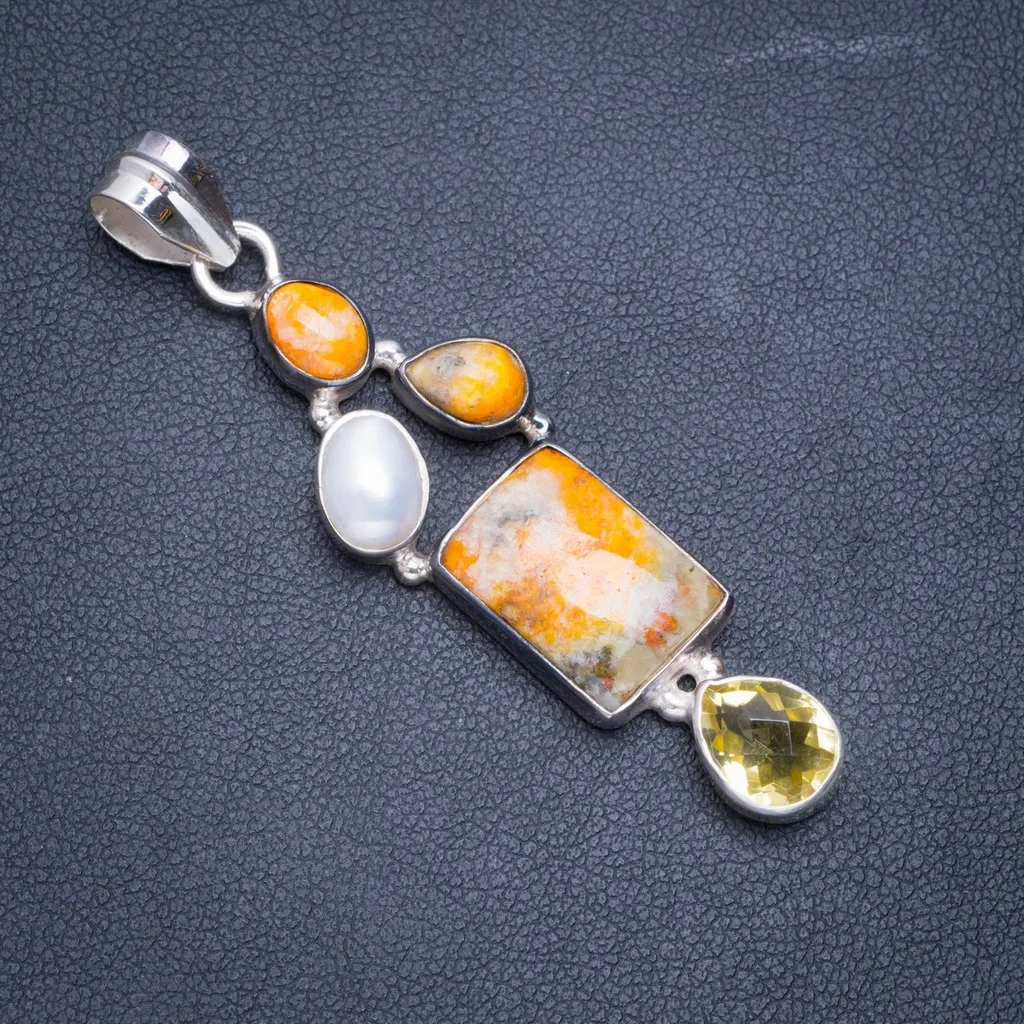

Natural Bumble Bee Jasper,River Pearl and Citrine Handmade Unique 925 Sterling Silver Pendant 2.25" A0563