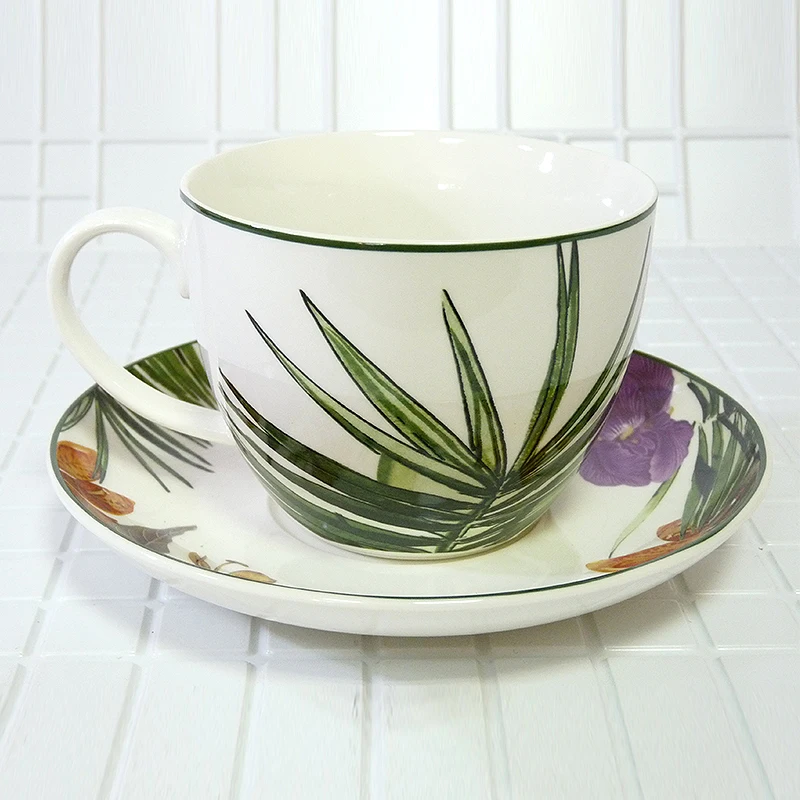 

High quality bone china handmade tea cup set daffodil big leaves a set of 2 pieces 430ml birthday holiday gift