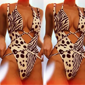 

Sexy Women Bandage Push-up Padded Bra Swimming Suit 2019 Summer New Leopard Hollow Bathing Beachwear Swimwear