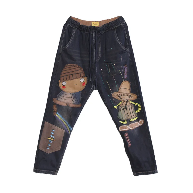 Harajuku Embroidery National Wind Hole Jeans Printing Cartoon Jeans Elastic Waist Harem Pants Radish Denim Harem Pants Plus Size Harajuku Embroidery National Wind Hole Jeans Printing Cartoon Jeans Elastic Waist Harem Pants Radish Denim Harem Pants Plus Size
