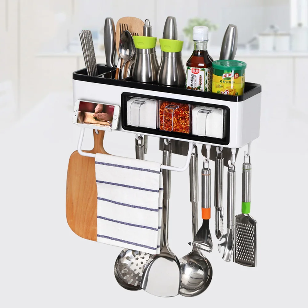 

Multi-functional Kitchen Seasoning Box Set Rack Wall Mounted Storage Shelf Plastic Hanging Rack Hook Kitchen Organizer Supplies