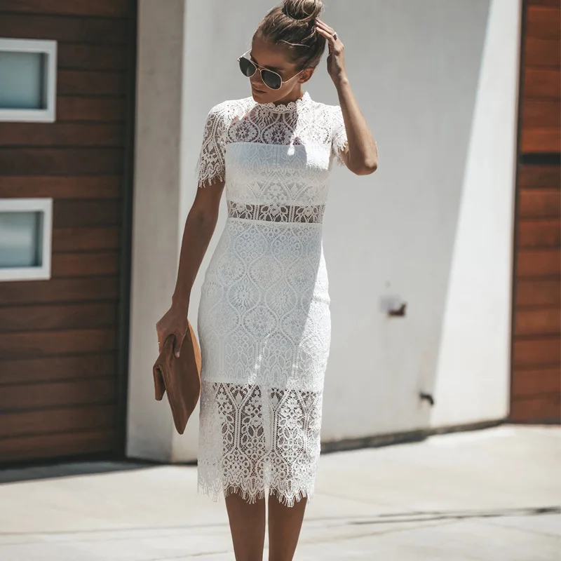 

Uguest Women Dress Lace Hollow Out Solid Short Sleeve Knee Length O Neck Zipper Vintage Pencil Dress Summer Spring Slim Vestido