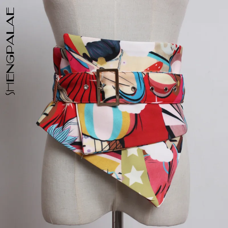 

SHENGPALAE New fashion 2019 Spring Japanese flower color abstract waist metal buckle wide belt women QD045