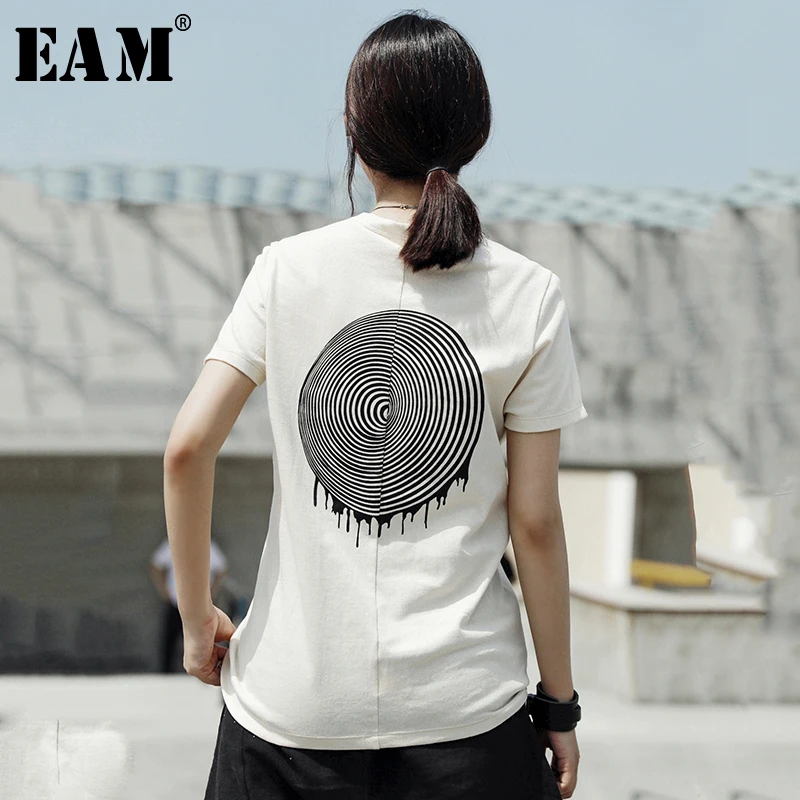 

[EAM] 2019 New Spring Summer Round Neck Short Sleeve Back Pattern Printed Loose Personality T-shirt Women Fashion Tide JT546