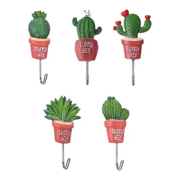 

5Pcs Stainless Steel Hooks Simulation Succulents Potted Plant Multi-functional Adhesive Towel Hangers Decor Wall Hooks (Mixed)